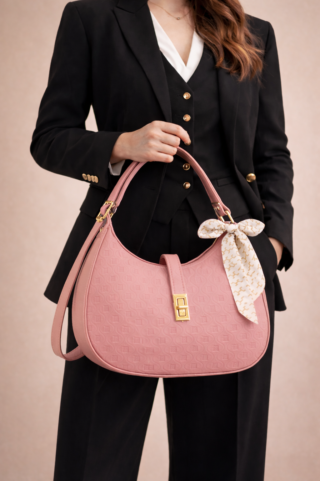 Elegant Pink Moon Bag with Golden Accents and Stylish Scarf – The Ultimate Fashion Accessory