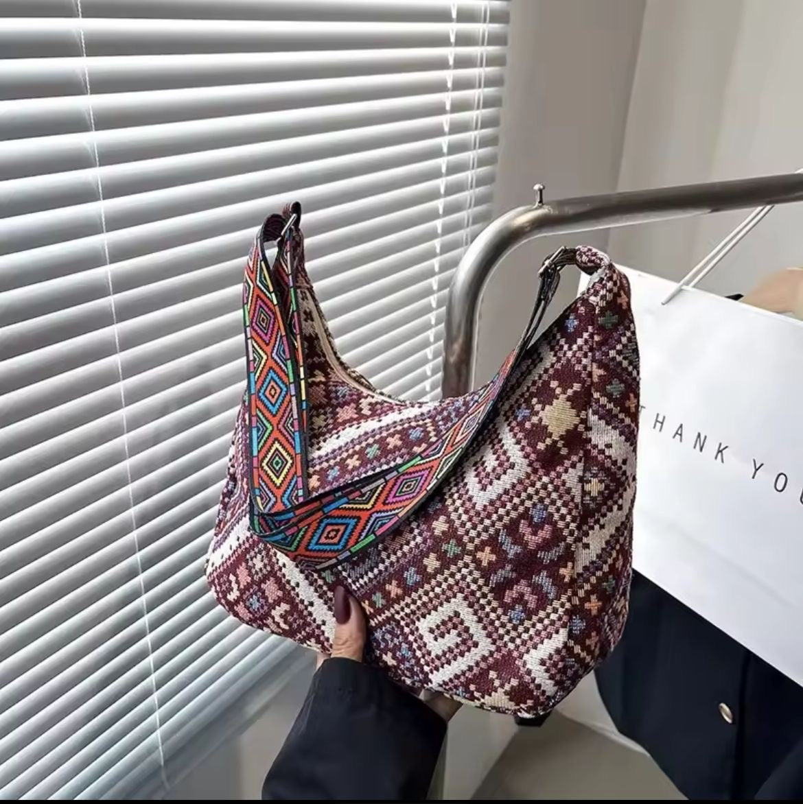 Stylish Trendy Ethnic Print Canvas Shoulder Bag with Adjustable Strap