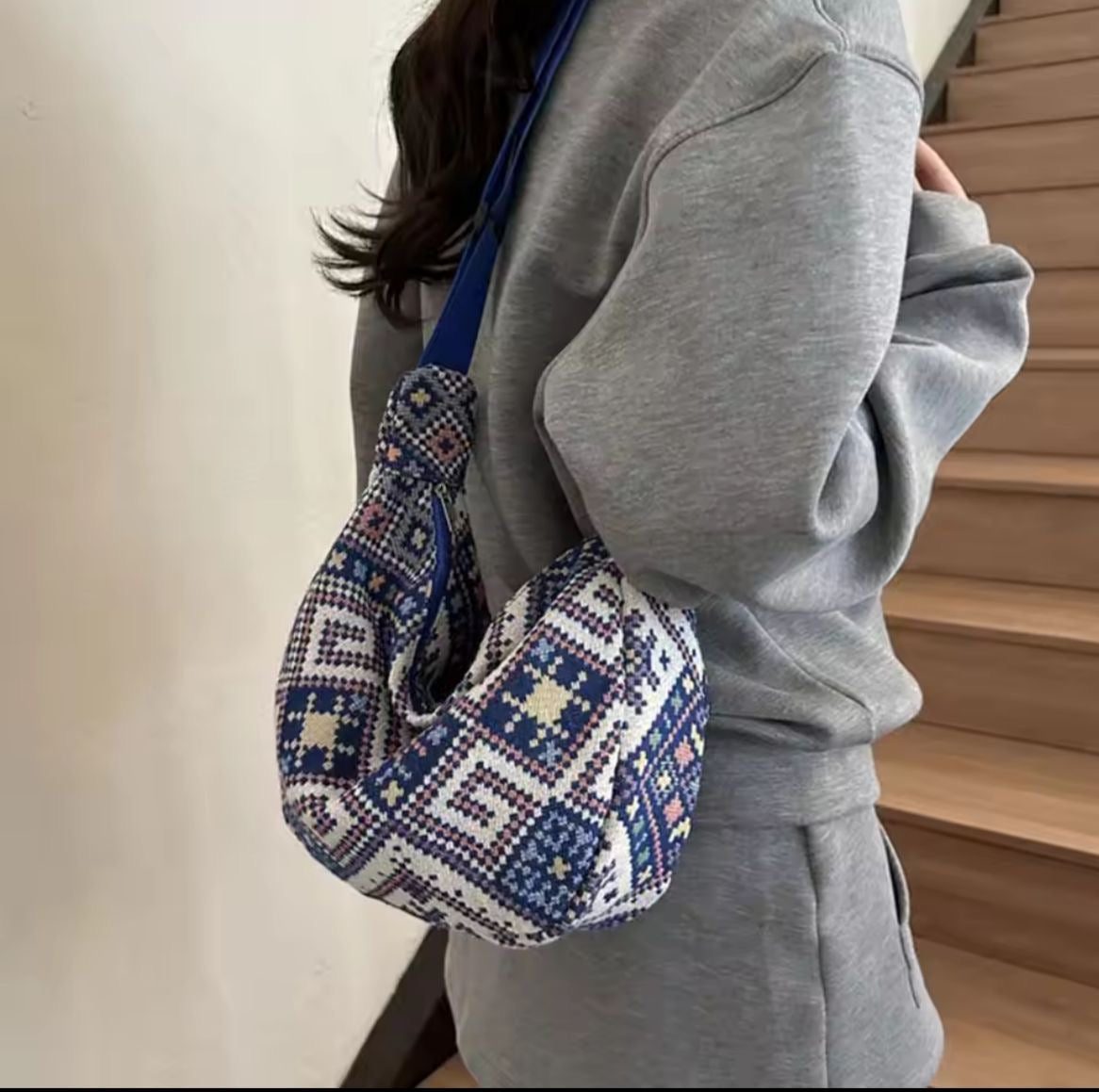 Stylish Trendy Ethnic Print Canvas Shoulder Bag with Adjustable Strap