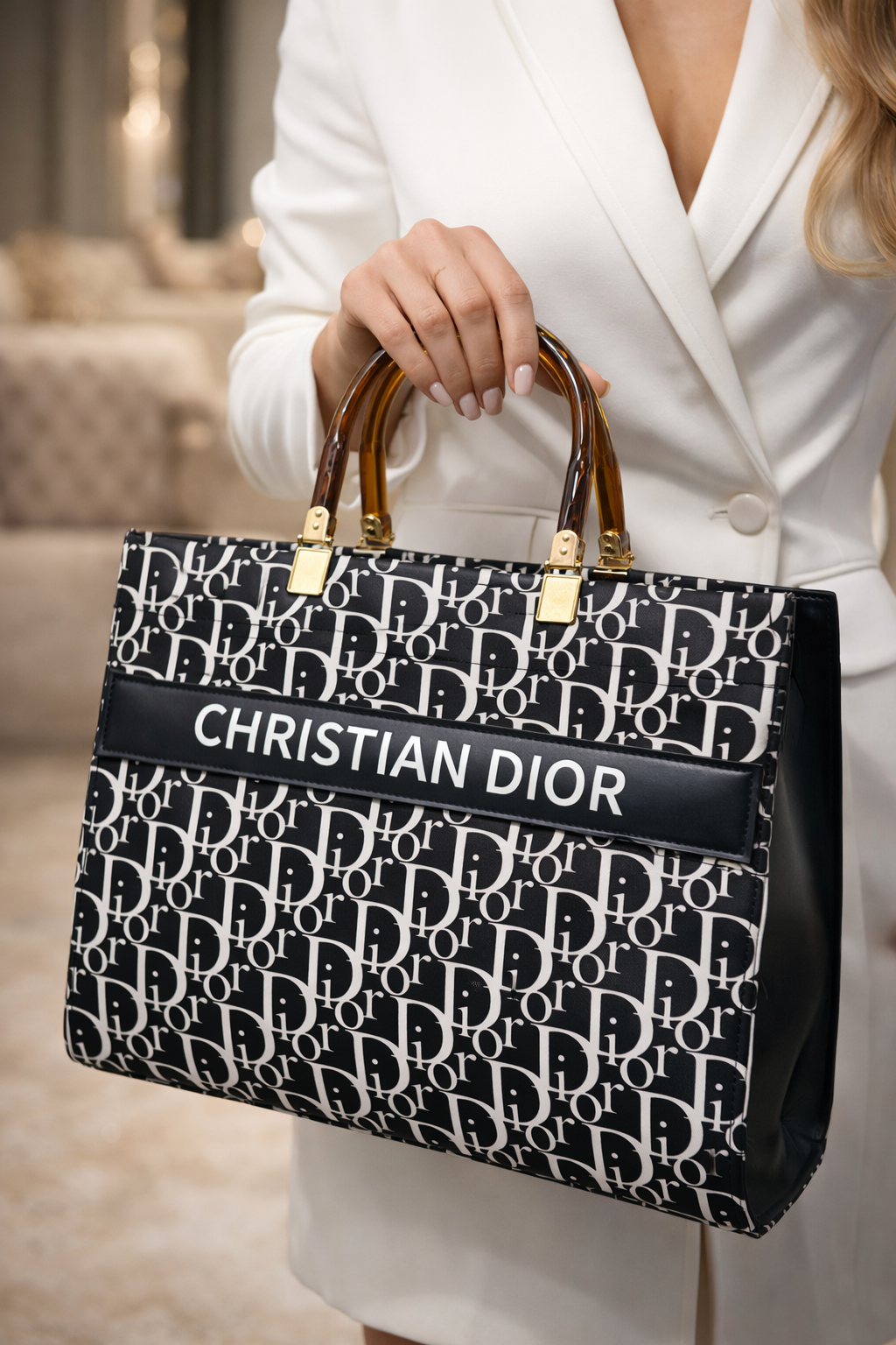 Luxury Christian Dior Printed Handbag with Stylish Handles and Strap