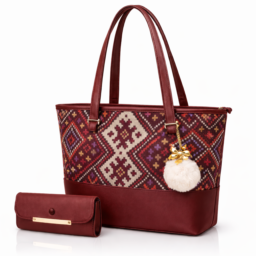 Chic Tote Bag with Bow Pattern & Stylish Gold Accents - Two-Piece Set