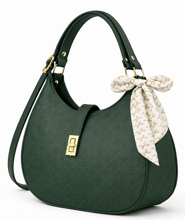 Elegant Green Moon Bag with Golden Accents and Stylish Scarf – The Ultimate Fashion Accessory