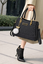 Elegant Jatt Black Designer Handbag with Gold Hardware & Pom-Pom Charm