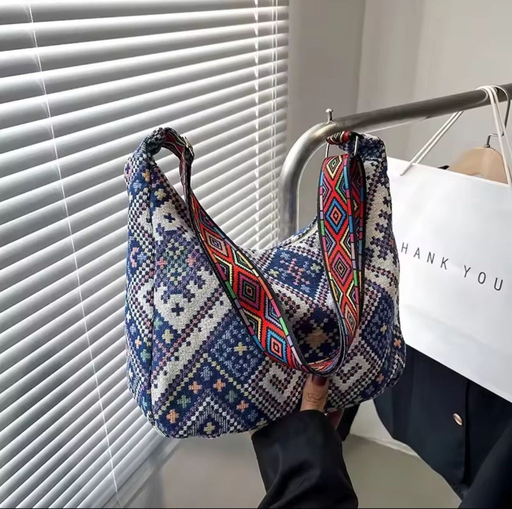 Stylish Trendy Ethnic Print Canvas Shoulder Bag with Adjustable Strap