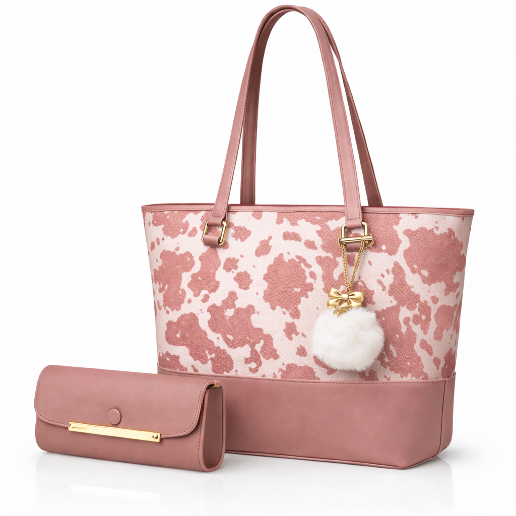 Chic Tote Bag with Bow Pattern & Stylish Gold Accents - Two-Piece Set
