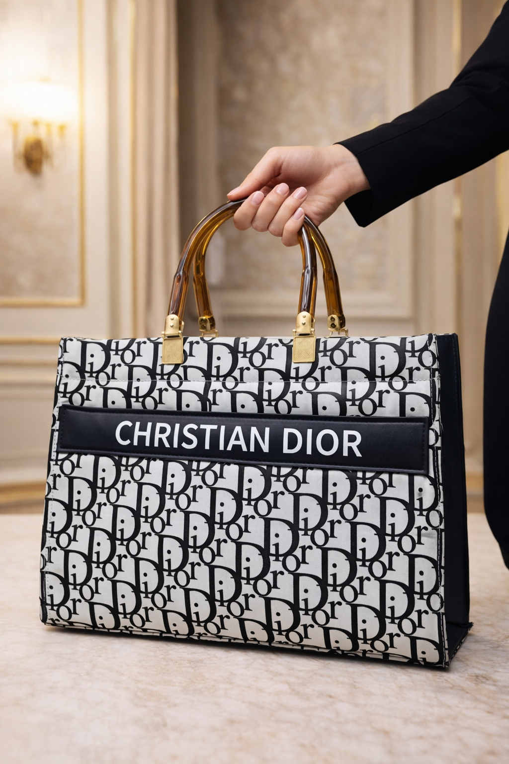 Luxury Christian Dior Printed Handbag with Stylish Handles and Strap