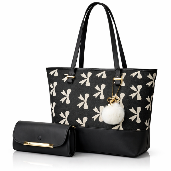 Chic Black Tote Bag with Beige Bow Pattern & Stylish Gold Accents - Two-Piece Set