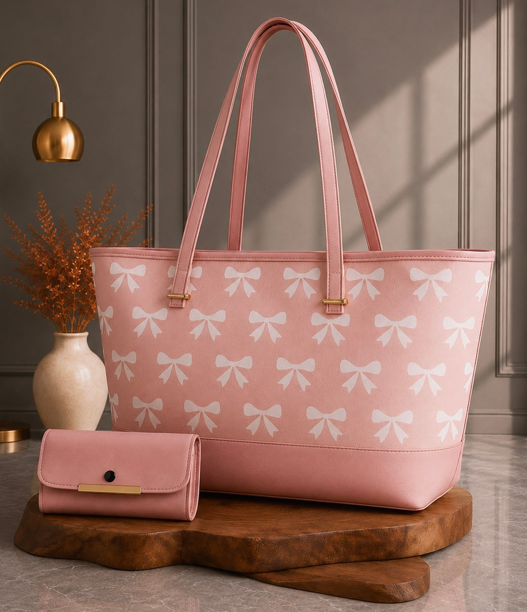 Chic Tote Bag with Bow Pattern & Stylish Gold Accents - Two-Piece Set
