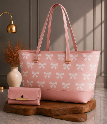 Chic Tote Bag with Bow Pattern & Stylish Gold Accents - Two-Piece Set