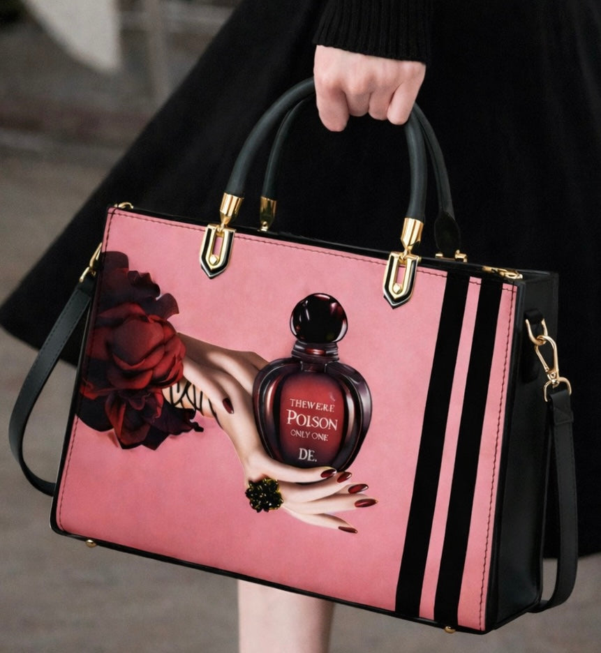 Black and Pink Handbag with Vintage Perfume Design – A Fashionable Statement Piece