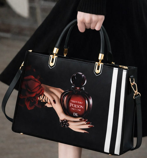 Black Handbag with Vintage Perfume Design – A Fashionable Statement Piece