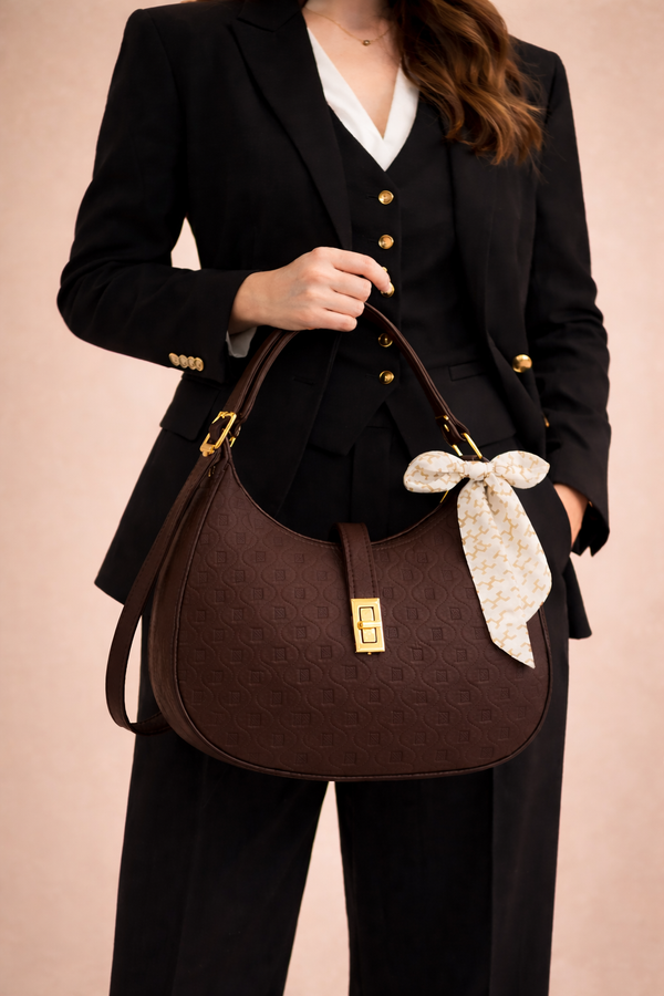 Elegant Brown Moon Bag with Golden Accents and Stylish Scarf – The Ultimate Fashion Accessory
