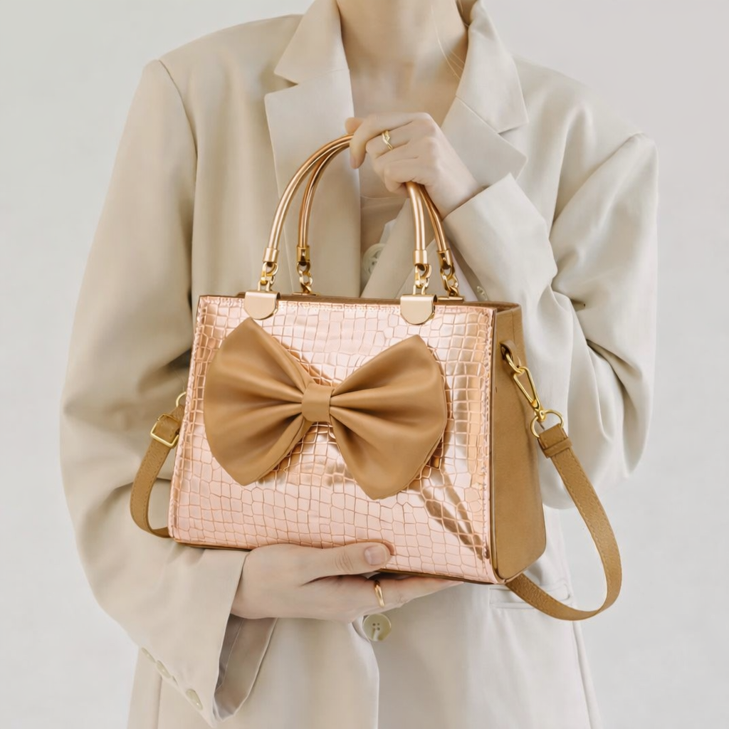 Elegant Rose Golden Bow Handbag with Gold Accents – Perfect for Every Occasion