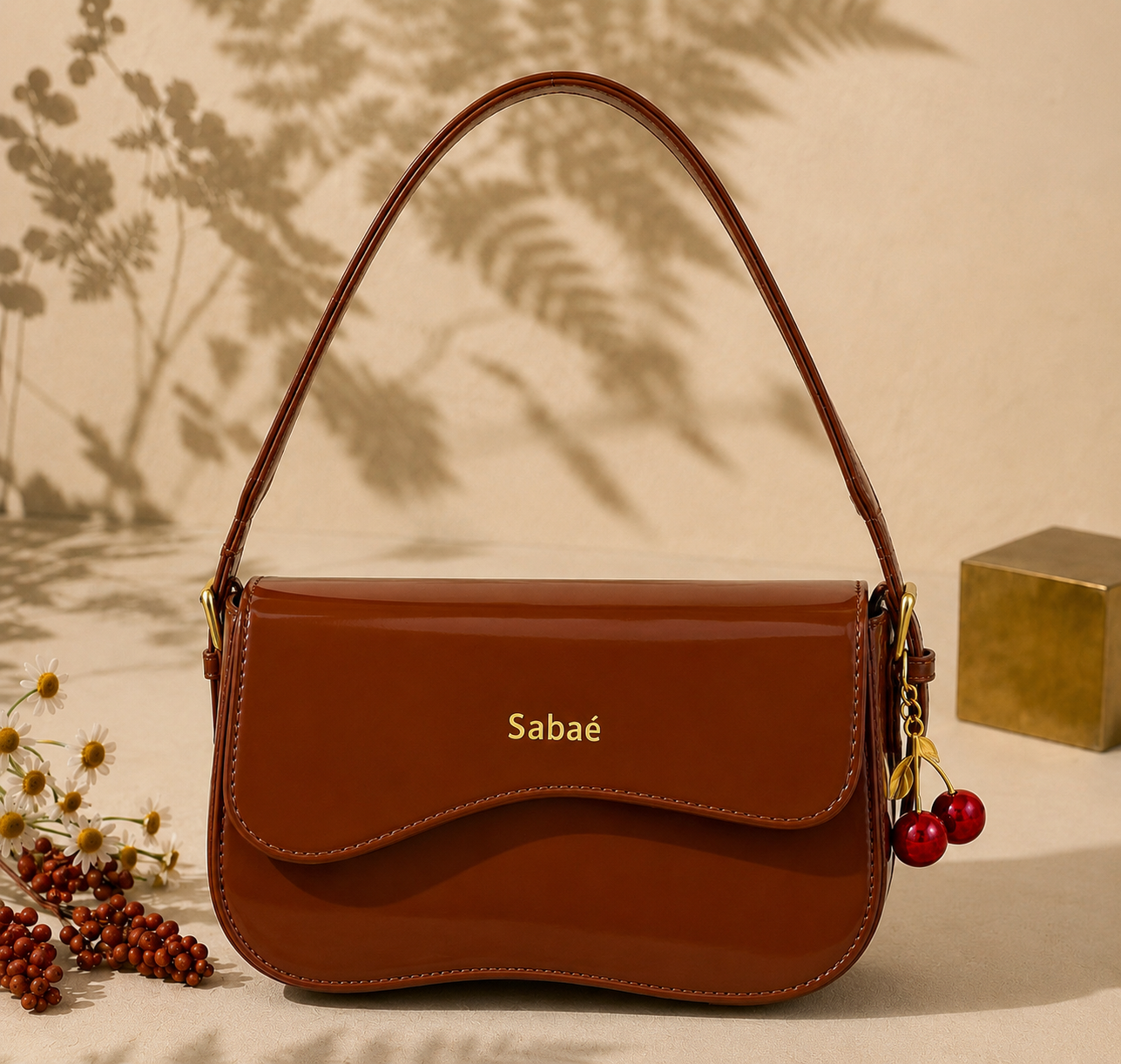 Cherry Charm Crossbody Bag – Brown