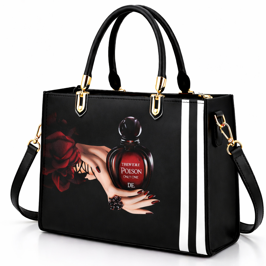 Black Handbag with Vintage Perfume Design – A Fashionable Statement Piece
