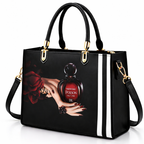 Black Handbag with Vintage Perfume Design – A Fashionable Statement Piece