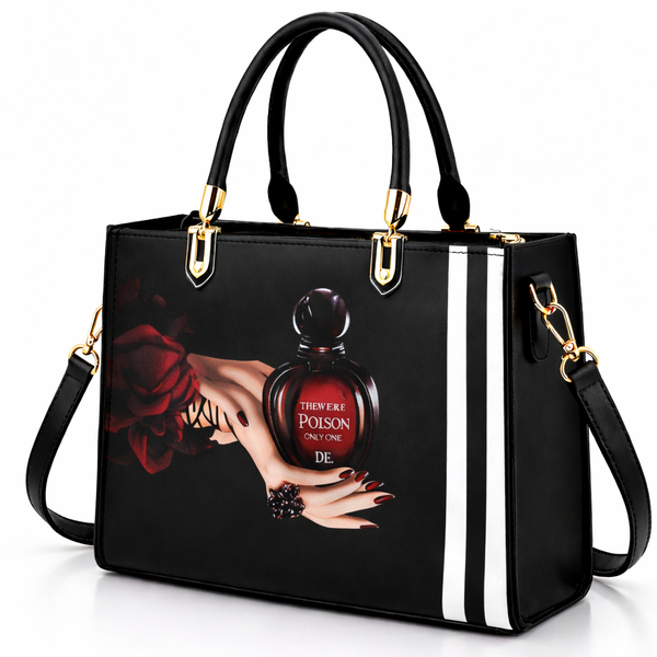 Black Handbag with Vintage Perfume Design – A Fashionable Statement Piece