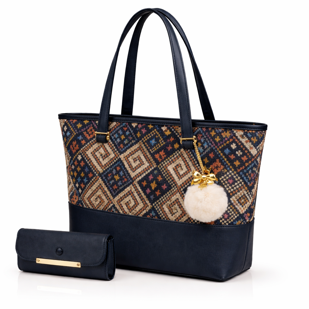 Chic Tote Bag with Bow Pattern & Stylish Gold Accents - Two-Piece Set