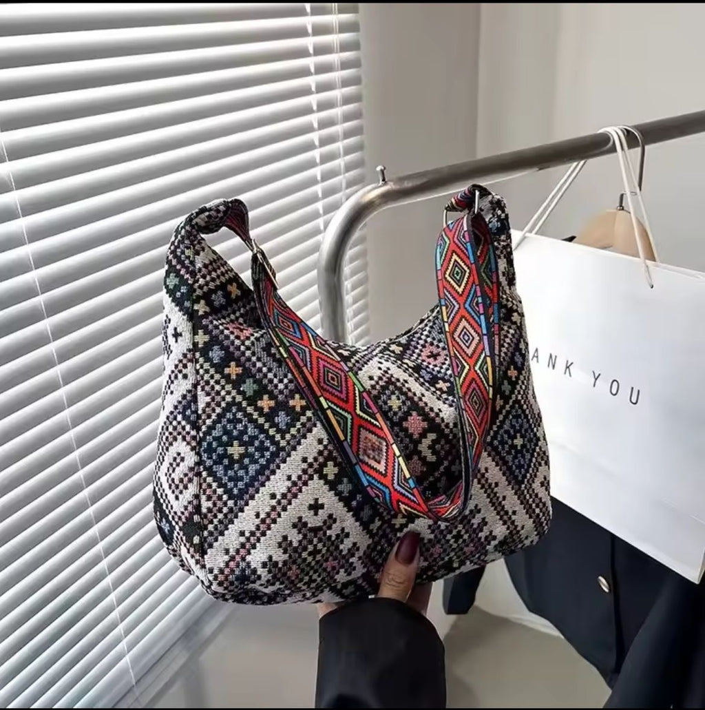 Stylish Trendy Ethnic Print Canvas Shoulder Bag with Adjustable Strap
