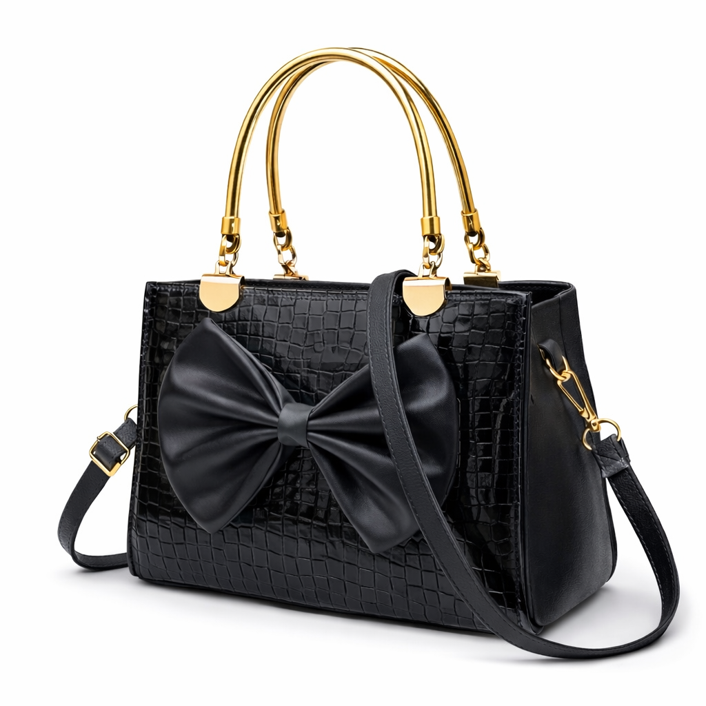 Elegant Black Bow Handbag with Gold Accents – Perfect for Every Occasion