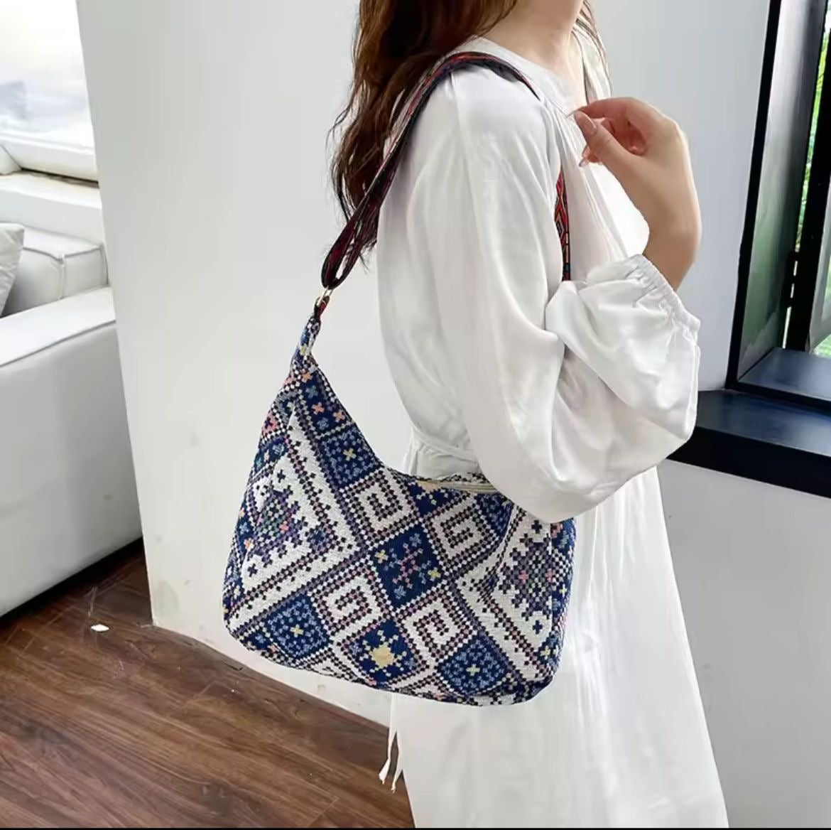 Stylish Trendy Ethnic Print Canvas Shoulder Bag with Adjustable Strap