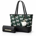 Chic Green Tote Bag with Beige Bow Pattern & Stylish Gold Accents - Two-Piece Set