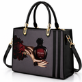 Black and Gray Handbag with Vintage Perfume Design – A Fashionable Statement Piece
