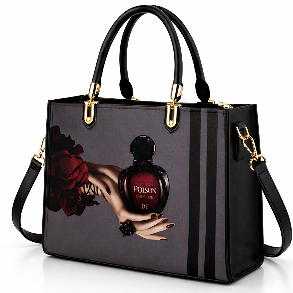 Black and Gray Handbag with Vintage Perfume Design – A Fashionable Statement Piece