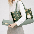 Dark Green Tote Bag with Beige Bow Pattern & Stylish Gold Accents - Two-Piece Set