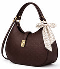 Elegant Brown Moon Bag with Golden Accents and Stylish Scarf – The Ultimate Fashion Accessory