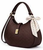 Elegant Brown Moon Bag with Golden Accents and Stylish Scarf – The Ultimate Fashion Accessory