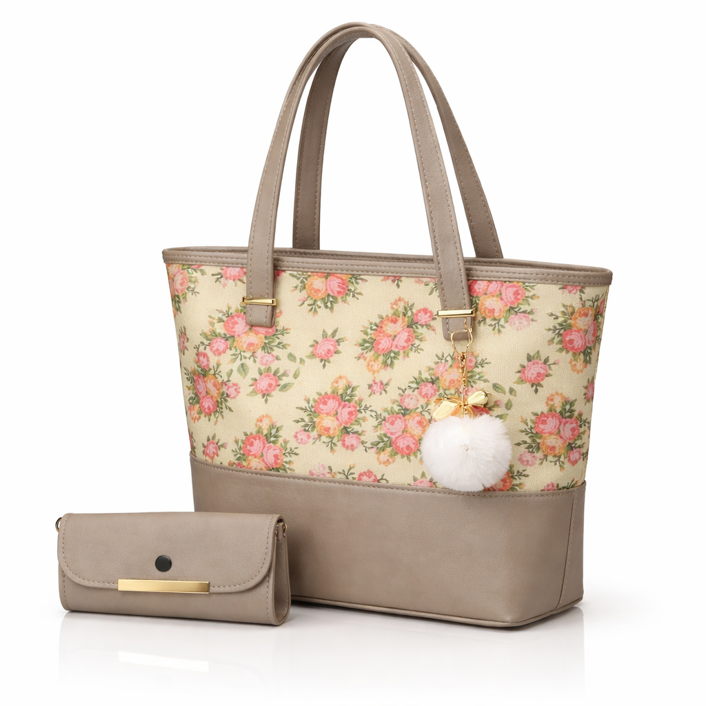 Chic Tote Bag with Bow Pattern & Stylish Gold Accents - Two-Piece Set