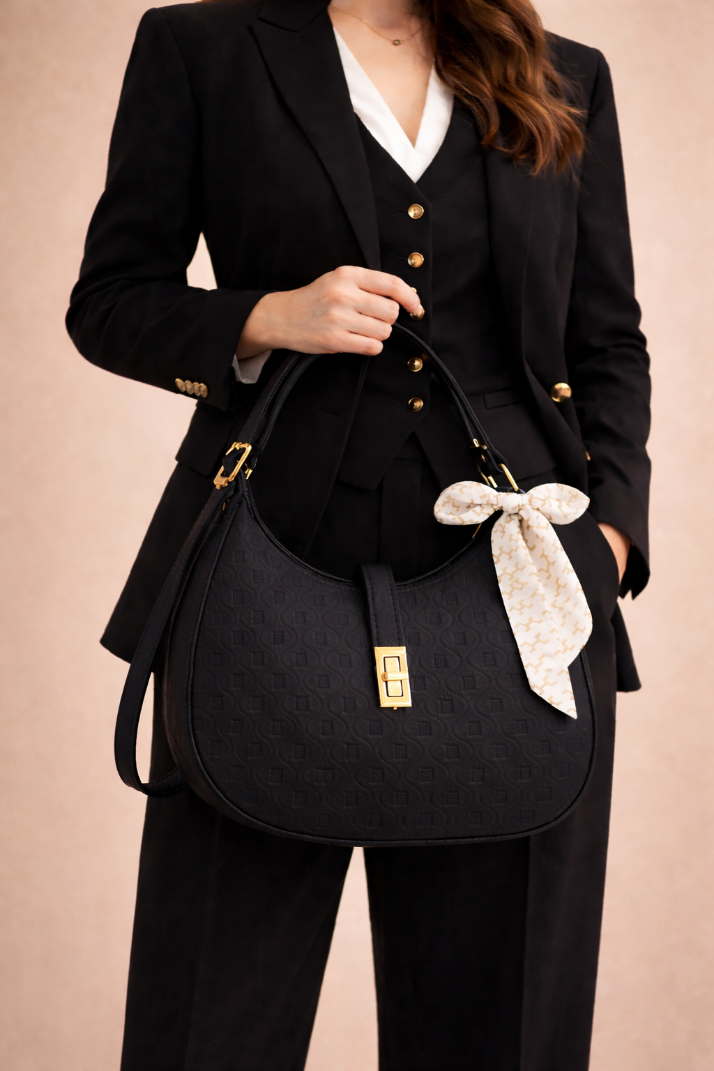Elegant Black Moon Bag with Golden Accents and Stylish Scarf – The Ultimate Fashion Accessory