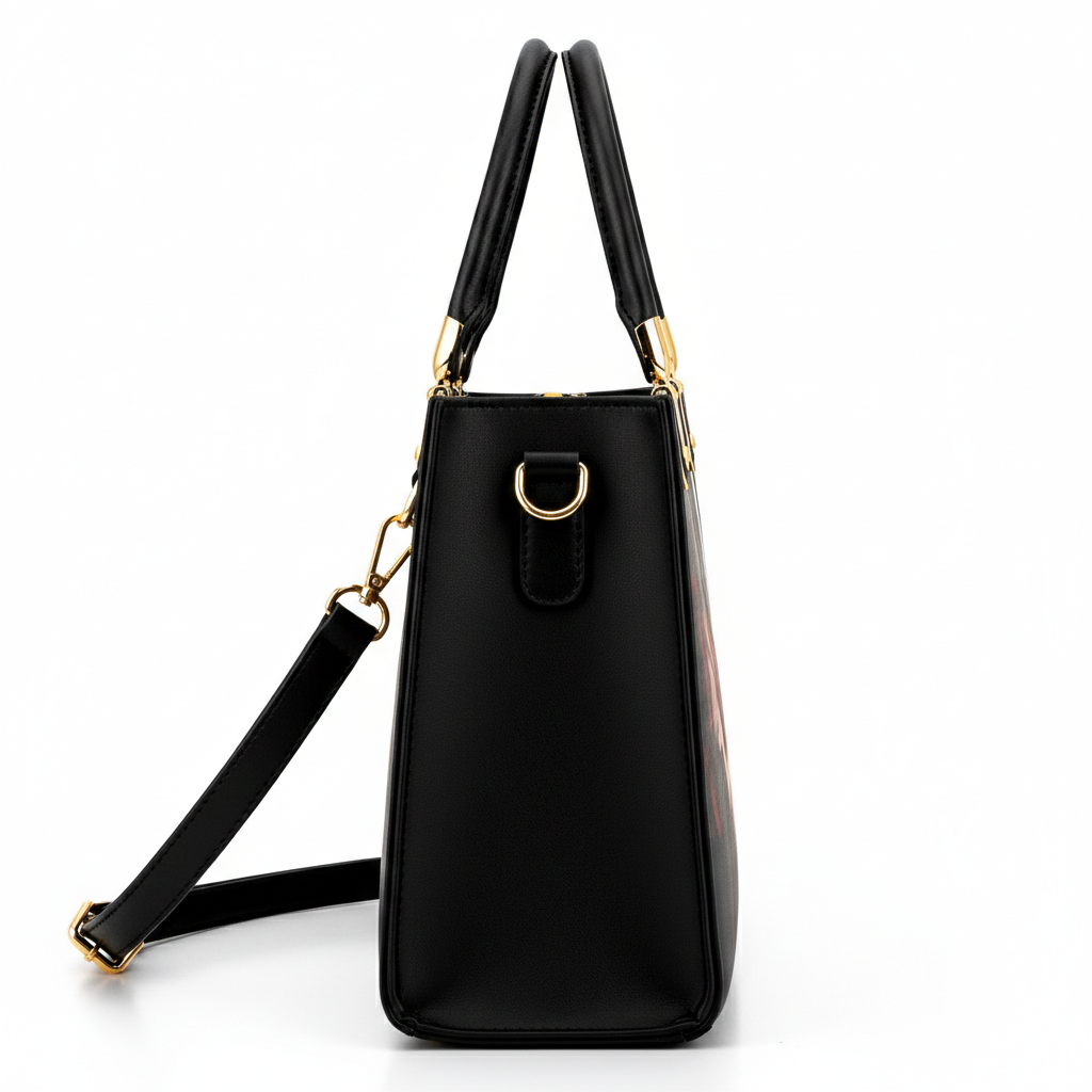 Black and White Handbag with Vintage Perfume Design – A Fashionable Statement Piece