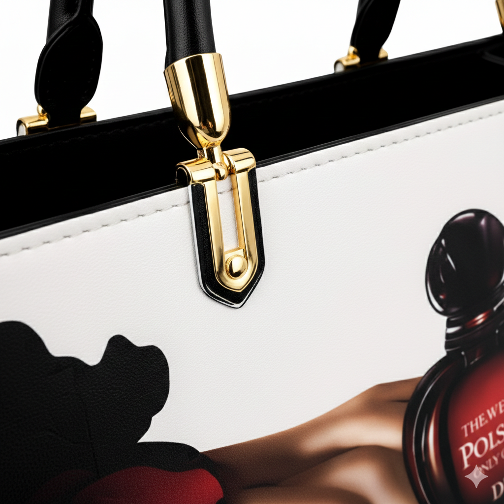 Black and White Handbag with Vintage Perfume Design – A Fashionable Statement Piece