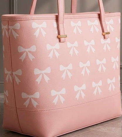 Chic Tote Bag with Bow Pattern & Stylish Gold Accents - Two-Piece Set