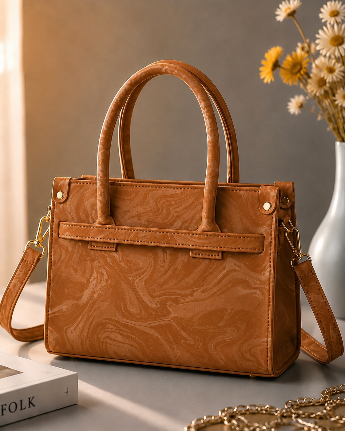 Sabaé Luxe Marble HandBag – Camel Brown