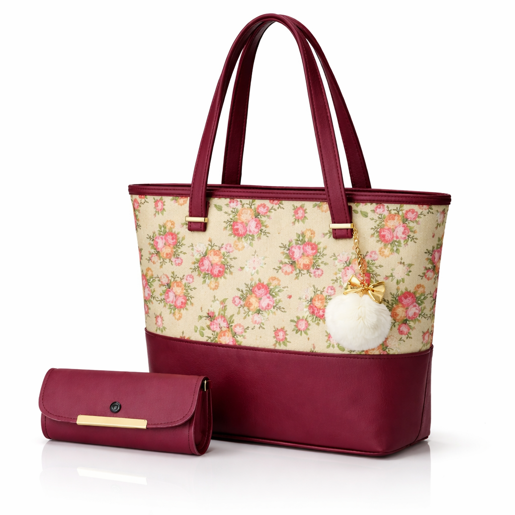 Chic Tote Bag with Bow Pattern & Stylish Gold Accents - Two-Piece Set