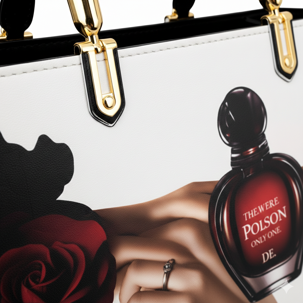 Black and White Handbag with Vintage Perfume Design – A Fashionable Statement Piece