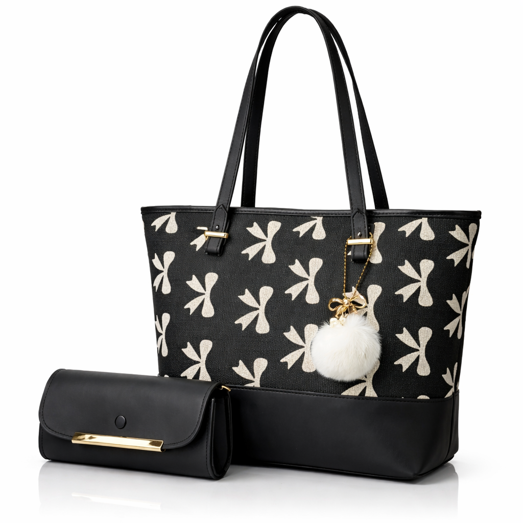Chic Tote Bag with Bow Pattern & Stylish Gold Accents - Two-Piece Set