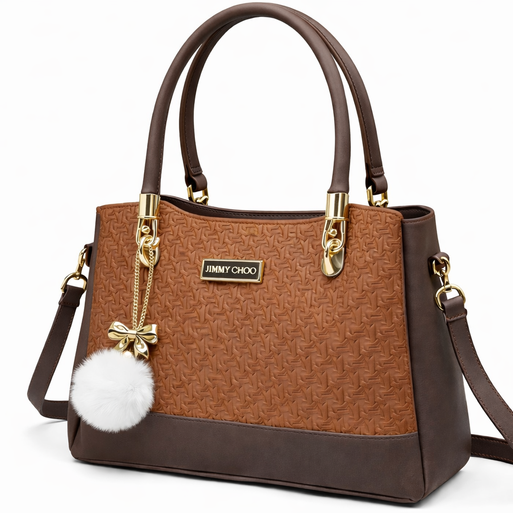 Elegant Choclate Brown Designer Handbag with Gold Hardware & Pom-Pom Charm