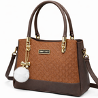 Elegant Choclate Brown Designer Handbag with Gold Hardware & Pom-Pom Charm