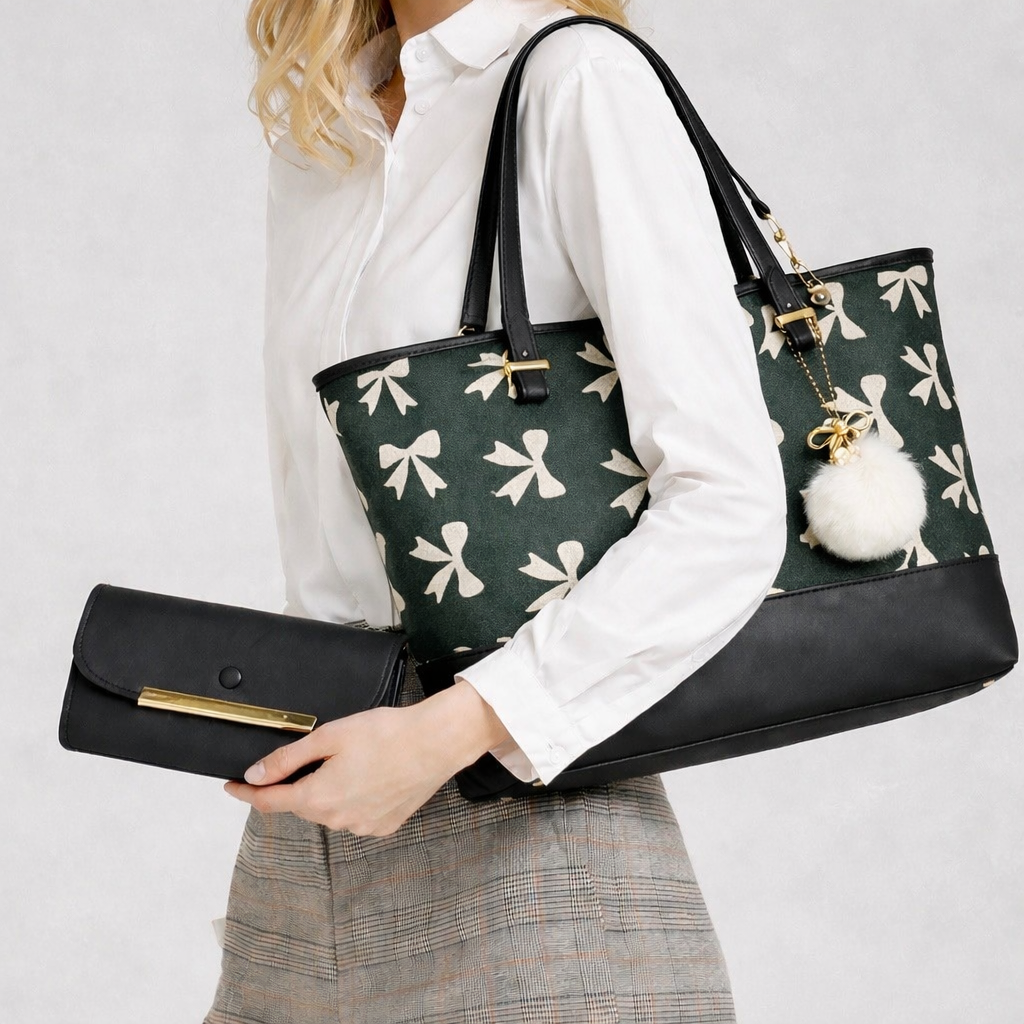 Chic Green Tote Bag with Beige Bow Pattern & Stylish Gold Accents - Two-Piece Set