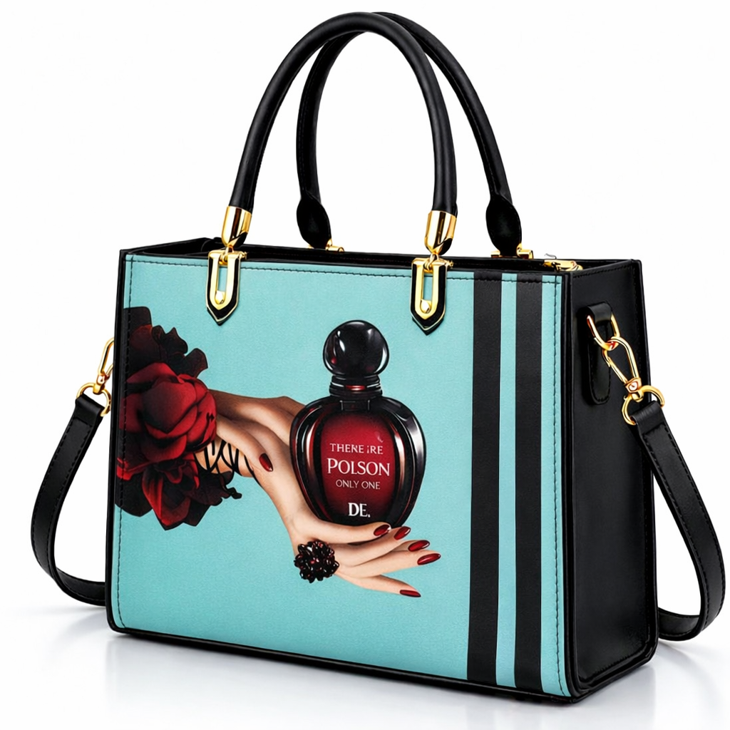 Black and See Green Handbag with Vintage Perfume Design – A Fashionable Statement Piece