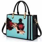 Black and See Green Handbag with Vintage Perfume Design – A Fashionable Statement Piece