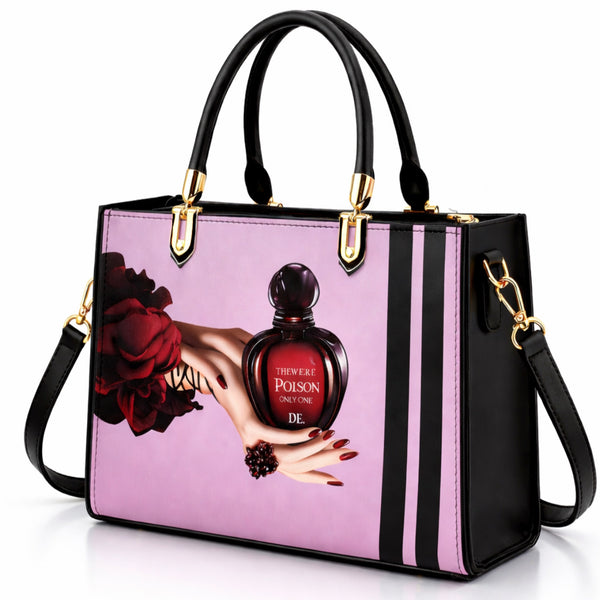 Black and Purple Handbag with Vintage Perfume Design – A Fashionable Statement Piece