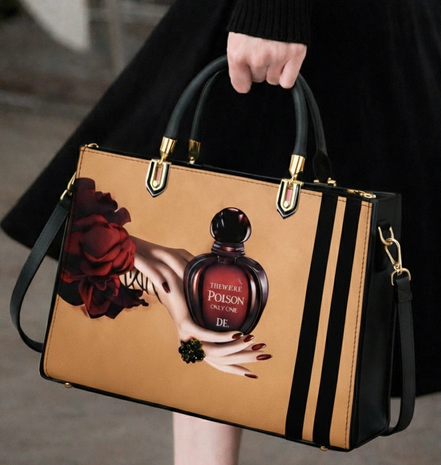 Black and Brown Handbag with Vintage Perfume Design – A Fashionable Statement Piece
