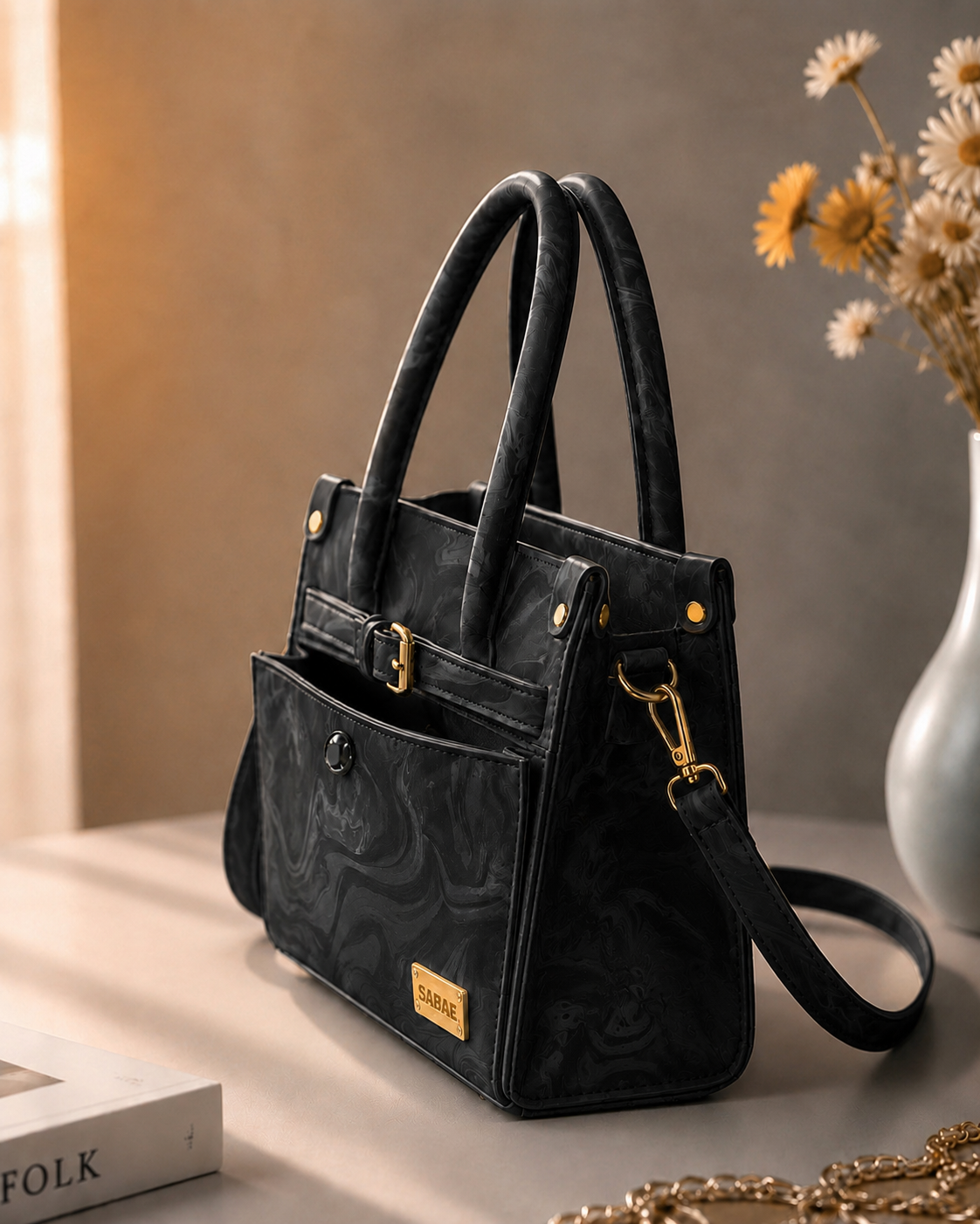 Sabaé Luxe Marble HandBag – Black