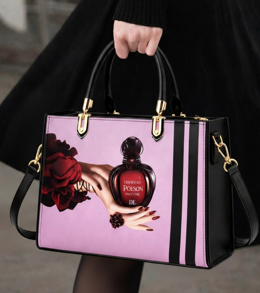 Black and Purple Handbag with Vintage Perfume Design – A Fashionable Statement Piece