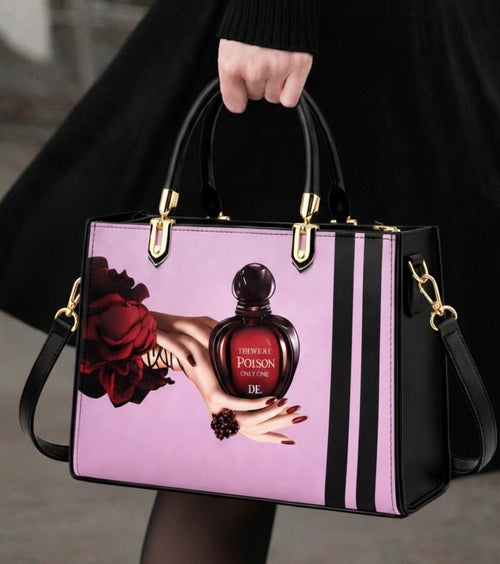 Black and Purple Handbag with Vintage Perfume Design – A Fashionable Statement Piece